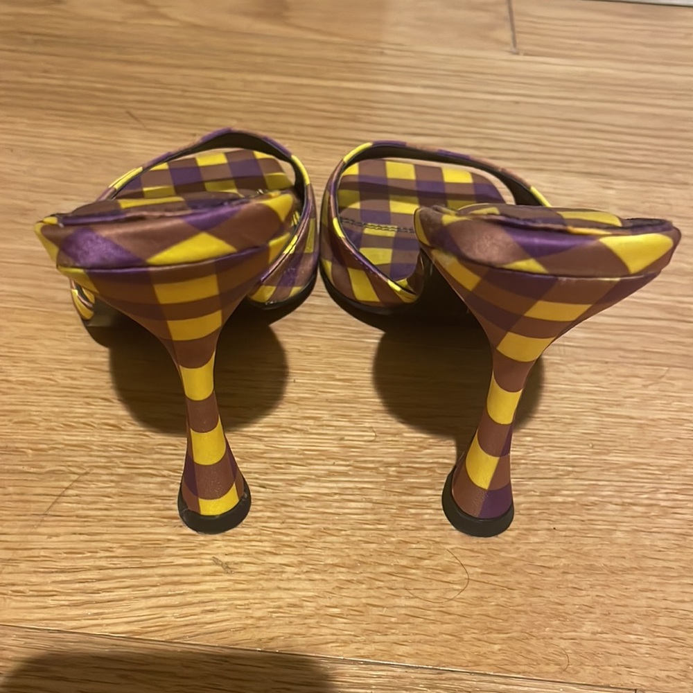 Open Toe Mules Pattern Plaid Heels - image 5